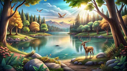 Scenic nature landscape featuring a deer by a tranquil lake surrounded by lush trees and mountains