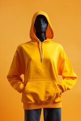 Wall Mural - Vibrant Yellow Hoodie on Mannequin against Orange Background