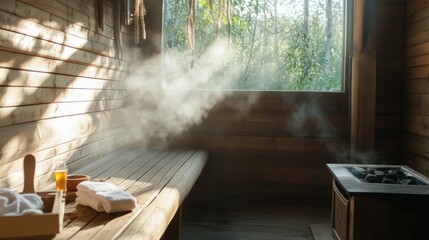 Rustic russian banya sauna with steam and natural light - wellness retreat concept