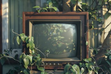 Poster - A vintage television set sits on a table, surrounded by a calm atmosphere