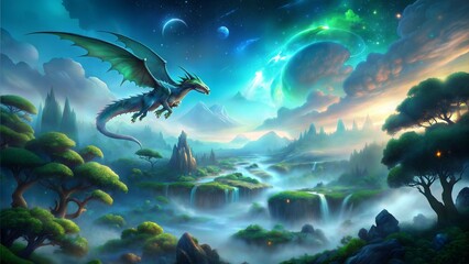 Mythical dragon soaring over a fantastical landscape with waterfalls and glowing celestial background