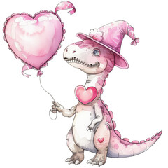 Cute pink dinosaur with a heart-shaped balloon and a hat, perfect for children's illustrations or fun party themes.