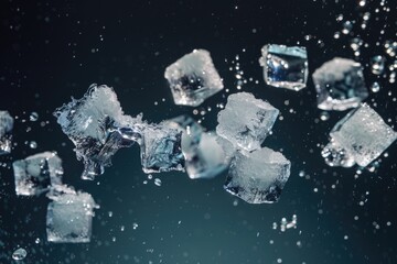 Poster - A bunch of ice cubes floating on the surface of calm water, perfect for use in presentations about temperature regulation or as a background image for winter-themed designs