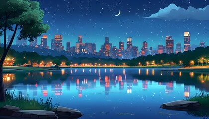 Wall Mural - Cartoon Cityscape Reflected in a Nighttime Lake