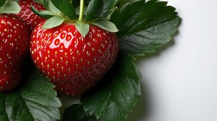 Wall Mural - Fresh spring strawberries with lush green leaves perfect for design and print