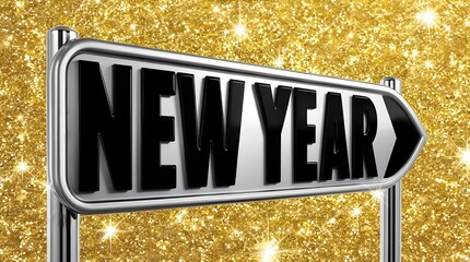 bold new year sign with metallic shine and glittering accents