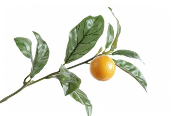 Poster - Close-up of an orange fruit on a branch with green leaves, suitable for food or nature-themed compositions