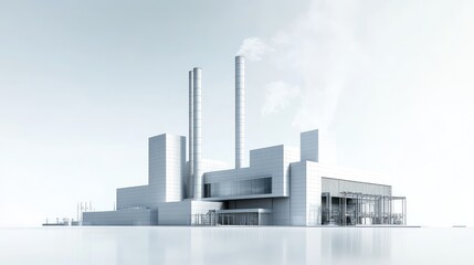 A simple 3D representation of a power plant, featuring small smokestacks and a clean facade with soft lighting, on a white background