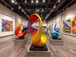 A room with a few sculptures on display. The sculptures are all different shapes and sizes, and they are all brightly colored. The room has a modern and artistic feel to it