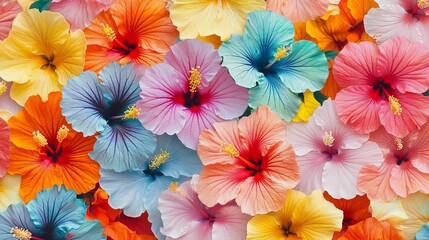 Wall Mural - Colorful hibiscus flowers from Hawaii create a tropical pattern. Nature's beauty in a seamless background.