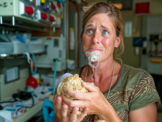 A woman is holding a strange object in her hands and is crying. The object is a small, white, and round thing that looks like a baby's pacifier. The woman's face is full of tears