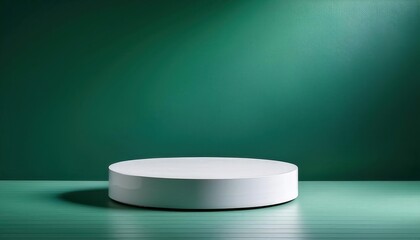 Poster - Minimalist White Circular Platform on a Textured Green Wall Background with Subtle Shadows, Ideal for Product Display, Branding, or Design Presentation in a Modern, Clean Space