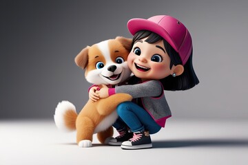 Wall Mural - Joyful Cartoon Girl Hugging a Fluffy Puppy in Trendy Apparel - 3D Illustration