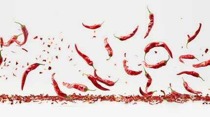 Wall Mural - Group of red chili peppers suspended in mid-air, perfect for use in food or cooking-related concepts