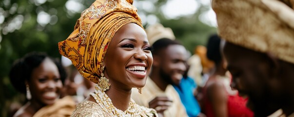 Beautiful bride smiling during traditional african wedding ceremony