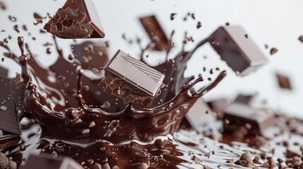 Wall Mural - Pieces of chocolate falling onto a pile of melted chocolate