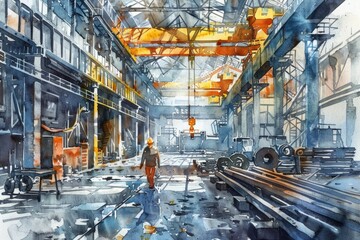 Wall Mural - A person walking through an industrial facility with machinery and equipment in the background