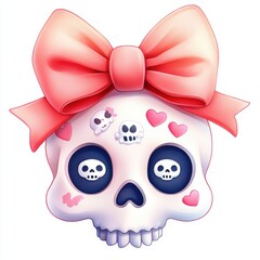 Wall Mural - Cute Cartoon Skull with Pink Bow and Hearts