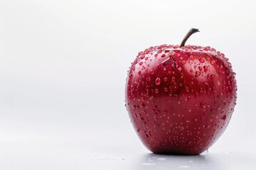 Wall Mural - Fresh red apple with water droplets glistening on its surface, perfect for still life photography or food-related concepts