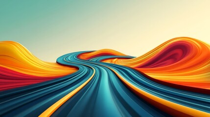 A colorful journey flows along winding paths through a surreal abstract terrain