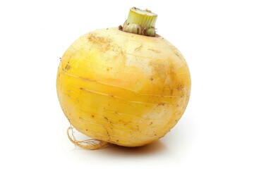 Fresh yellow turnip with green stem on a white surface, great for food or garden illustrations