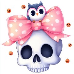 Wall Mural - Cute Cartoon Owl on Skull with Pink Bow and Pumpkins