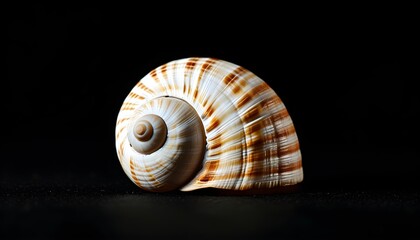 Wall Mural - Elegant white seashell with intricate brown stripes against a striking black backdrop