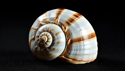 Wall Mural - Elegant white seashell with intricate brown stripes against a striking black backdrop