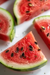 Sticker - Fresh watermelon slices arranged on a clean white plate, perfect for snacking or serving at an outdoor party