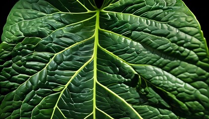 Wall Mural - Detailed close-up of a large green leaf highlighting intricate veins against a dark backdrop