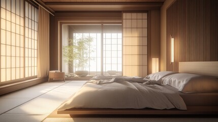 Poster - Modern Japanese Bedroom with Tranquil View