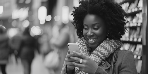 Poster - A woman smiles while looking at her cell phone