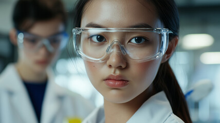 asian and caucasian students in a chemistry lab, wearing labcoat and protective safety glasses. high