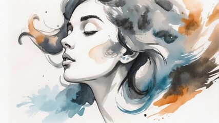 Dreamy Horizontal Ink and Watercolor Portrait of a Woman with Closed Eyes – Flowing Hair in Artistic Brushstrokes on White Background