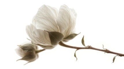 Canvas Print - A single white flower on a stem against a white background, useful for decorative and editorial purposes