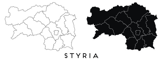 Sticker - Styria map of regions districts vector black on white and outline