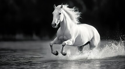  white horse running on the water, black and white photo