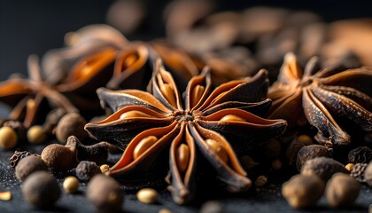 Elegant close-up of whole star anise spice against a dark backdrop