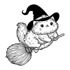 Wall Mural - fluffy cat witch flying on a broomstick Halloween sketch