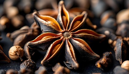 Elegant close-up of whole star anise spice against a dark backdrop