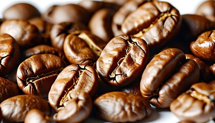 Detailed close-up of a roasted coffee bean showcasing rich texture and color against a white backdrop