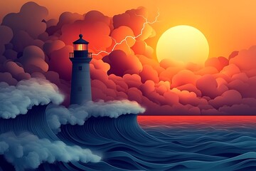 Wall Mural - A lone lighthouse stands defiant against a stormy ocean sunset