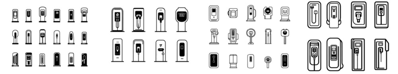 Icons for an electric car, electric vehicle, electrical charger, and more. Editable modern strokes.