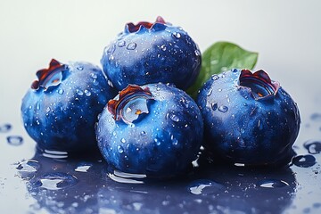 A cluster of ripe blueberries with water drops on a white background