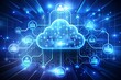 © Mahannan - A futuristic cloud computing network illustration with a glowing central cloud icon, surrounded by connected devices, data icons, and a world map in the background. The design features vibrant blue to
