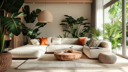 Wall Mural - A casual yet stylish living room with a large sectional, wooden accents, and vibrant indoor plants.