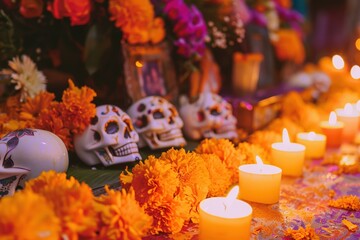 Día de los Muertos Altar with Marigold Garlands, Sugar Skulls, and Candles in Warm Glow