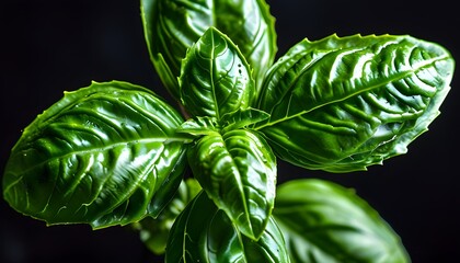 Vibrant green basil leaves presented against a stark black background