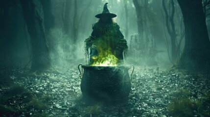 A dark witch in a misty forest stirs a cauldron with green glowing smoke rising from it. The eerie scene evokes feelings of Halloween night and ancient magic in the dark woods.