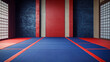 © Mahmud - 'Traditional blue and red tatami mats in a martial arts hall, serving as a background for text.'